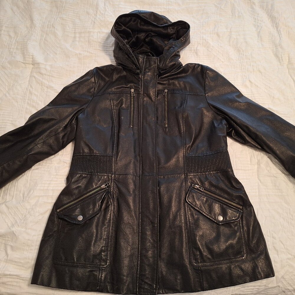 Danier Authentic Black Leather Insulated Winter Coat with hood